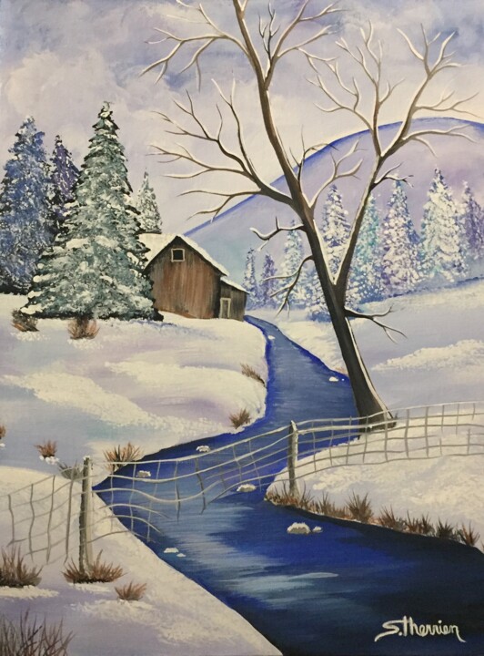 Pintura intitulada "Le ruisseau d’hiver" por Sylvain Therrien, Obras de arte originais, Acrílico