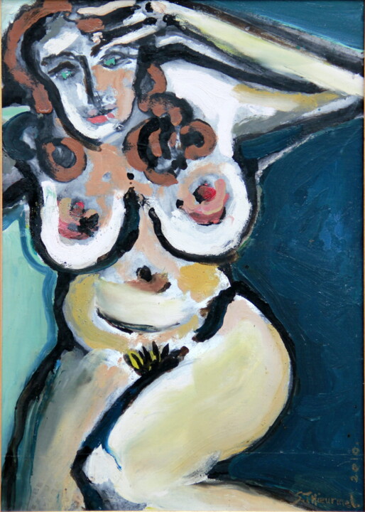 Painting titled "Femme aux boucles" by Sylvain Thieurmel, Original Artwork, Oil Mounted on Wood Panel