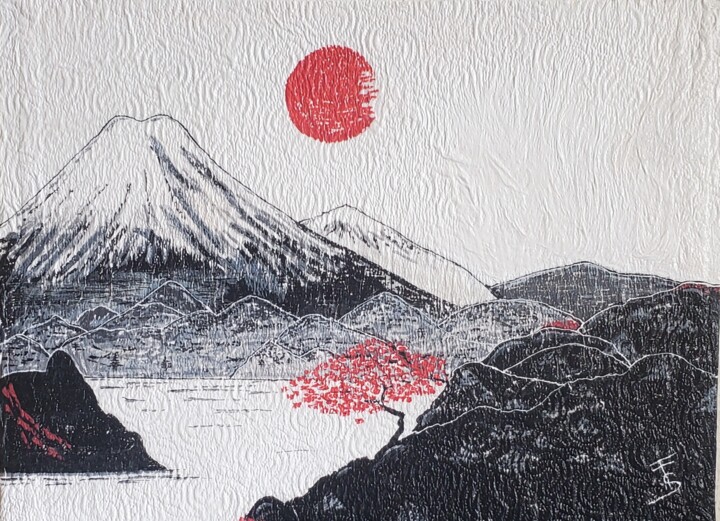 Painting titled "Mont fuji" by Sylvaine Forestier, Original Artwork, Acrylic Mounted on Cardboard