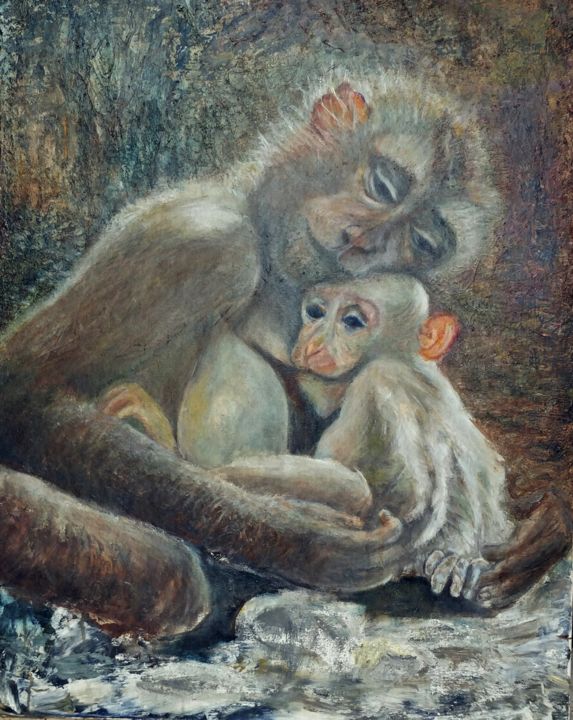 Painting titled "Monkey with its baby" by Sylva Zalmanson, Original Artwork, Acrylic