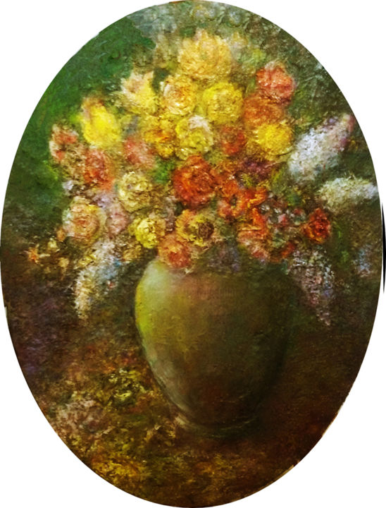 Картина под названием "Flowers in a green…" - Sylva Zalmanson, Подлинное произведение искусства, Масло
