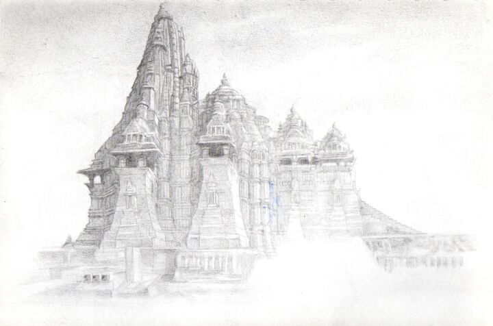 Σχέδιο με τίτλο "Temple Vishvanatha…" από Sylvère Dusong, Αυθεντικά έργα τέχνης, Μολύβι