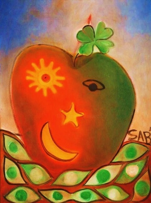 Painting titled "Sourire d'une pomme" by Sylvia Adjabroux, Original Artwork, Oil Mounted on Wood Stretcher frame