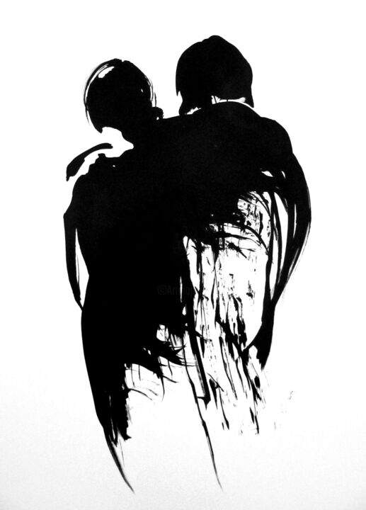 Dessin intitulée "Couple de dos" par Sylvia Baldeva, Œuvre d'art originale, Encre