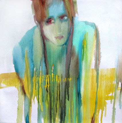 Painting titled "En bleu et jaune" by Sylvia Baldeva, Original Artwork, Oil Mounted on Wood Stretcher frame