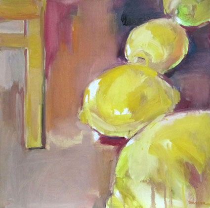 Painting titled "Citrons" by Sylvia Baldeva, Original Artwork, Oil Mounted on Wood Stretcher frame