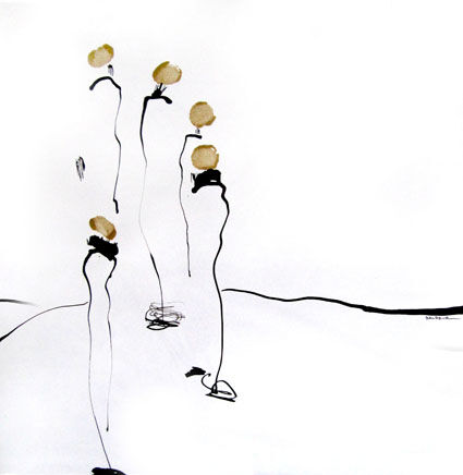 Drawing titled "Cinq silhouettes" by Sylvia Baldeva, Original Artwork, Ink