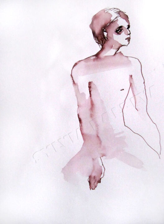 Drawing titled "Jeune homme nu" by Sylvia Baldeva, Original Artwork, Ink