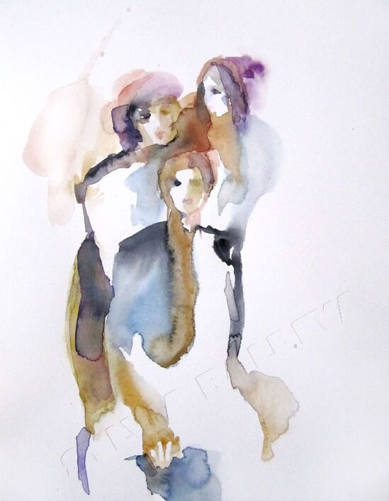 Painting titled "Trois personnages" by Sylvia Baldeva, Original Artwork, Watercolor