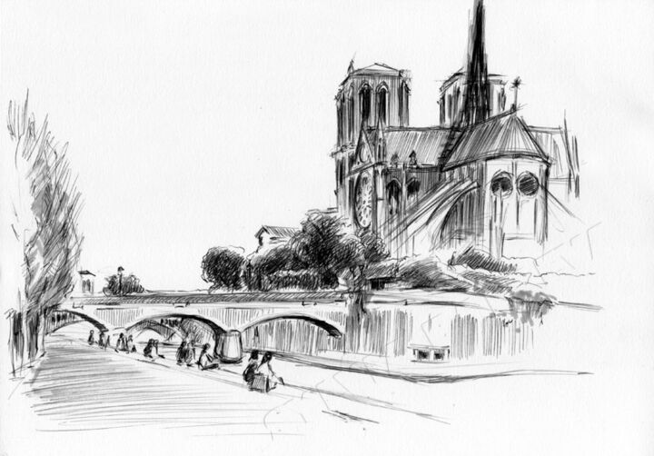 Dessin intitulée "Paris - Notre Dame" par Sylvia Baldeva, Œuvre d'art originale, Stylo à bille