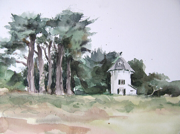 Schilderij getiteld "Ile d'Arz - Moulin" door Sylvia Baldeva, Origineel Kunstwerk, Aquarel