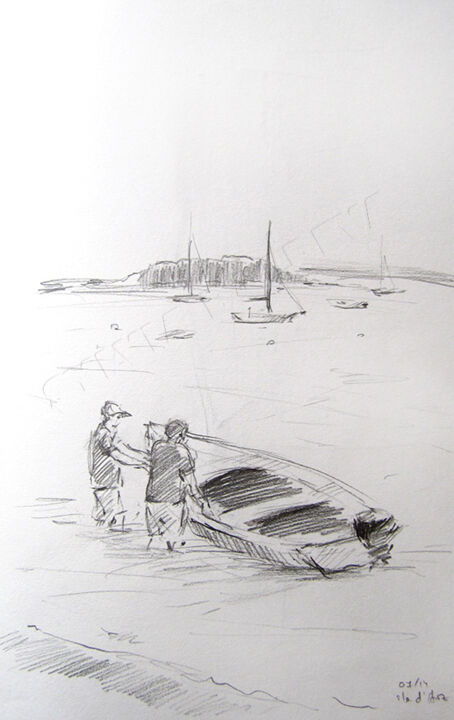 Dessin intitulée "Ile d'Arz - Pêcheurs" par Sylvia Baldeva, Œuvre d'art originale, Crayon
