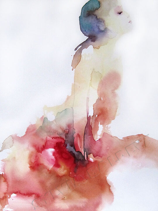 Malerei mit dem Titel "Robe rouge" von Sylvia Baldeva, Original-Kunstwerk, Aquarell