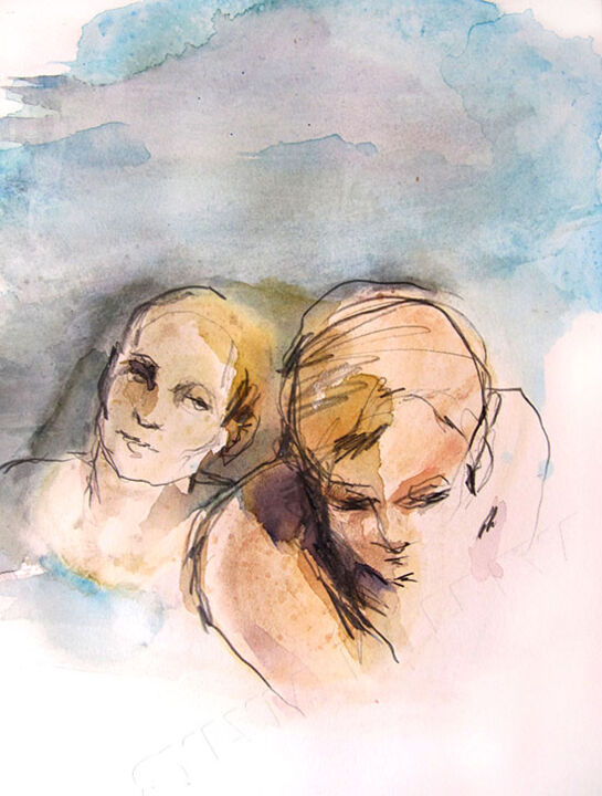 「Couple au lit」というタイトルの描画 Sylvia Baldevaによって, オリジナルのアートワーク, 鉛筆