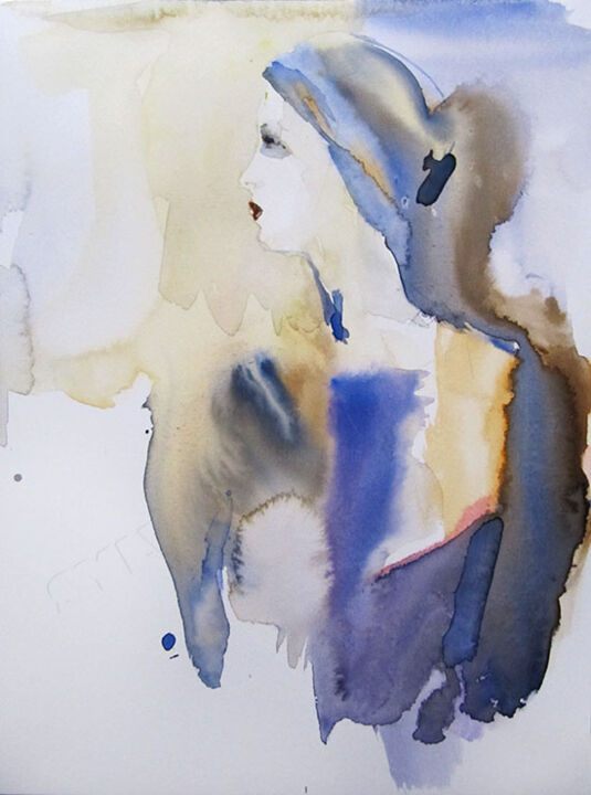 Peinture intitulée "Femme en bleu" par Sylvia Baldeva, Œuvre d'art originale, Aquarelle