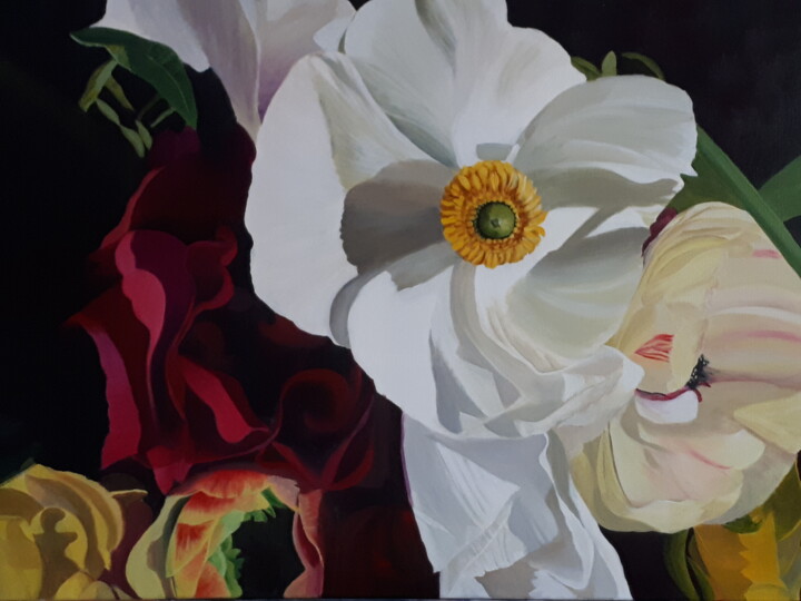 Malerei mit dem Titel "Ranunkeln und Rosen" von Sylvia Eder, Original-Kunstwerk, Acryl