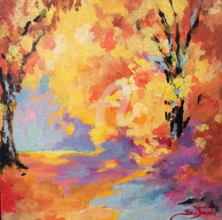 Painting titled "AUTOMNE 5" by Sylvia Fuet, Original Artwork, Acrylic Mounted on Wood Panel
