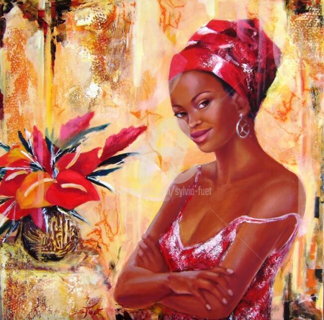 Painting titled "TURBAN ROUGE" by Sylvia Fuet, Original Artwork