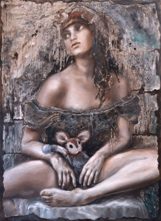 Painting titled "La madone au lapin" by Sylvia Mota, Original Artwork, Oil Mounted on Wood Stretcher frame