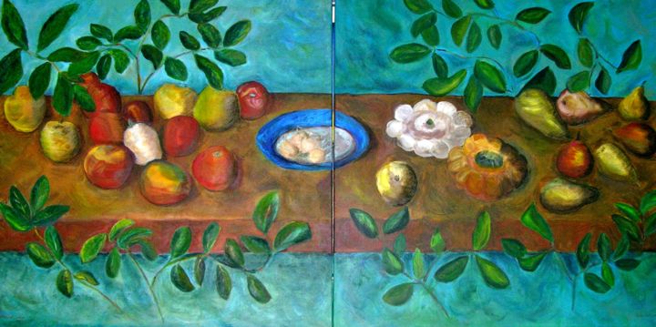 Peinture intitulée "Pommes et Pâtissons" par Sylviane Dubois, Œuvre d'art originale, Acrylique Monté sur Châssis en bois
