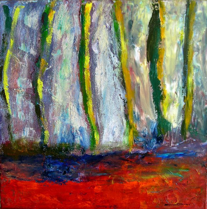 Malarstwo zatytułowany „Rideau d'arbres” autorstwa Sylviane Dubois, Oryginalna praca, Akryl Zamontowany na Drewniana rama no…