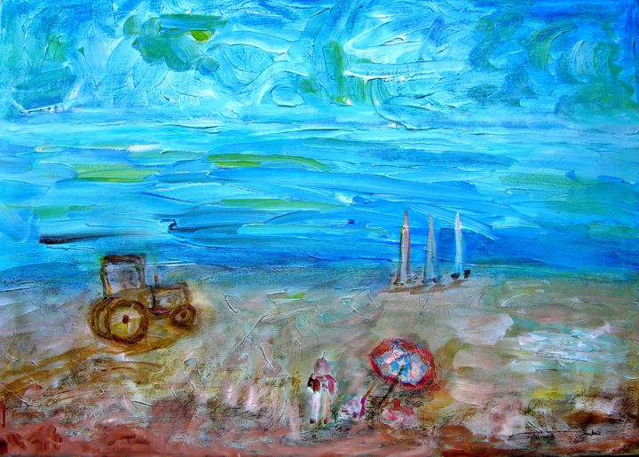 Painting titled "Chars à Voile" by Sylviane Dubois, Original Artwork, Acrylic Mounted on Wood Stretcher frame