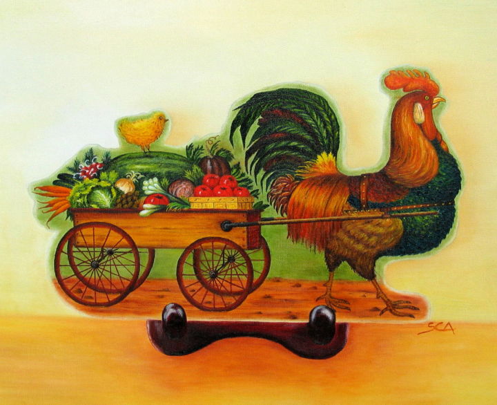 Peinture intitulée "Rooster Express" par Sylvie Auvray Comin, Œuvre d'art originale, Huile Monté sur Châssis en bois