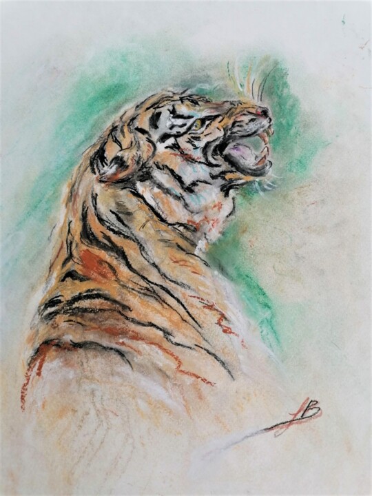 Dessin intitulée "LA RAGE DU TIGRE" par Sylvie Bayle, Œuvre d'art originale, Fusain