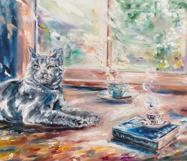 Painting titled "A cat, a book, a cu…" by Sylvie Bayle, Original Artwork, Oil