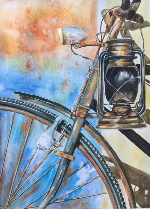 Pittura intitolato "la bicyclette" da Sylvie Boulet, Opera d'arte originale, Acquarello