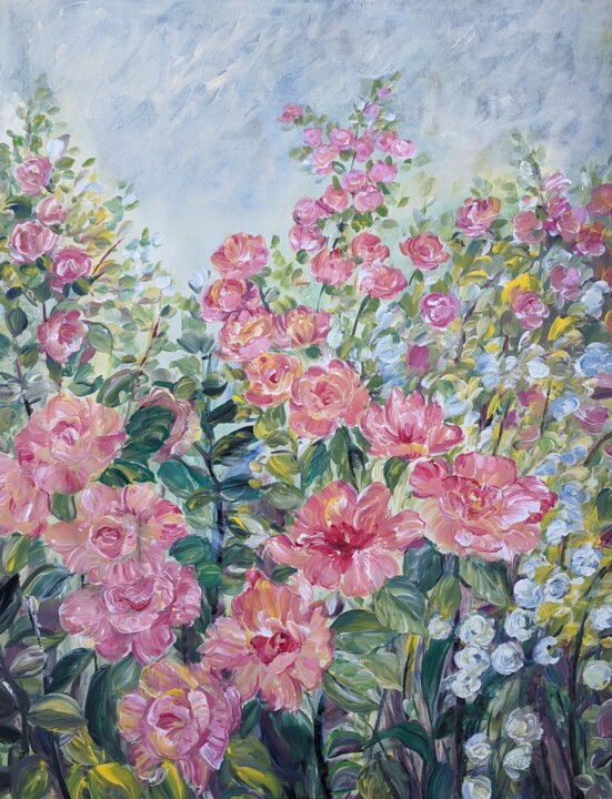 Painting titled "Romantic Rose Garden" by Sylvie Carter, Original Artwork, Acrylic