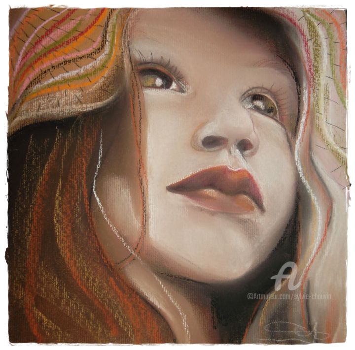 Drawing titled "Fille au chapeau" by Sylvie Chauvin, Original Artwork, Other