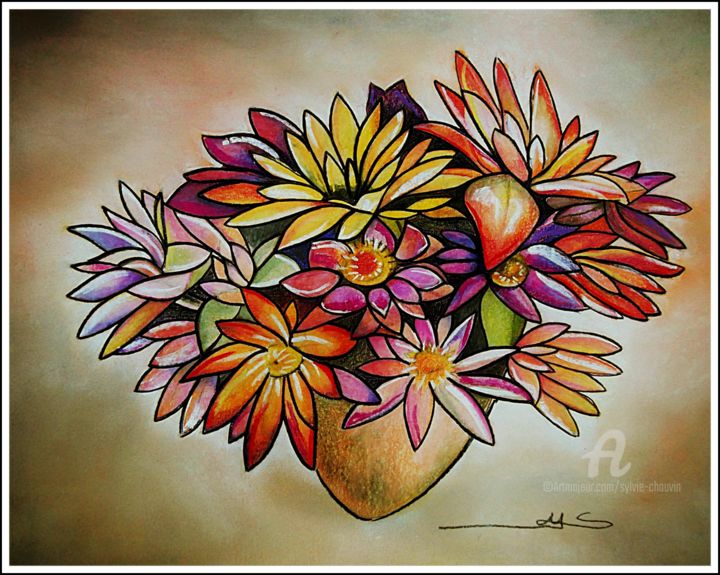 Drawing titled "BOUQUET" by Sylvie Chauvin, Original Artwork, Pastel