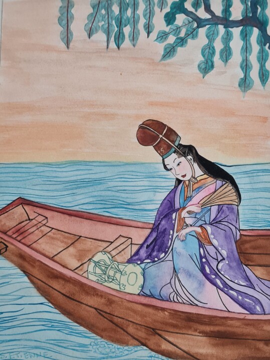 Printmaking titled "La Geisha" by Sylvie Etienne, Original Artwork, Watercolor