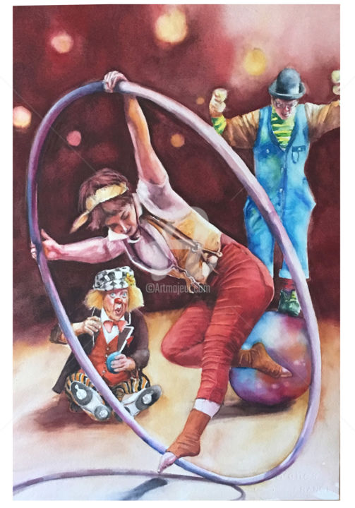 Painting titled "Au cirque" by Sylvie Griselle, Original Artwork, Watercolor