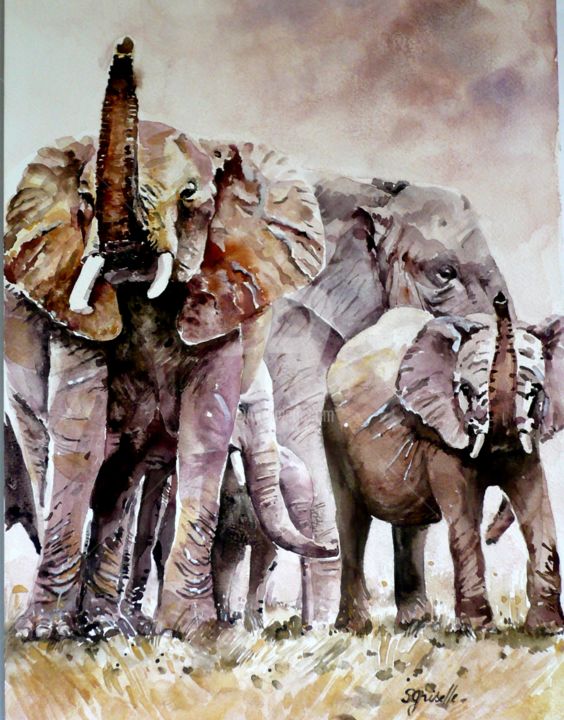 Pintura titulada "groupe-d-elephants.…" por Sylvie Griselle, Obra de arte original