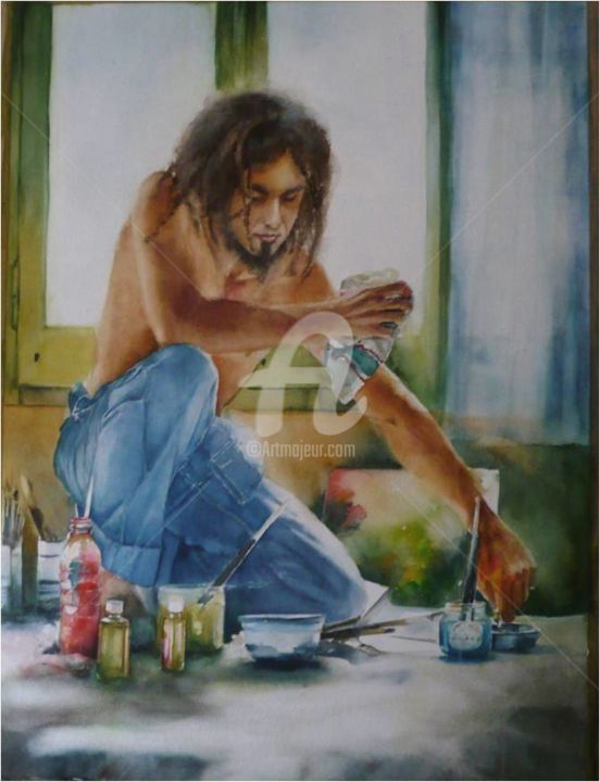 Картина под названием "atelier-d-artiste.j…" - Sylvie Griselle, Подлинное произведение искусства, Акварель
