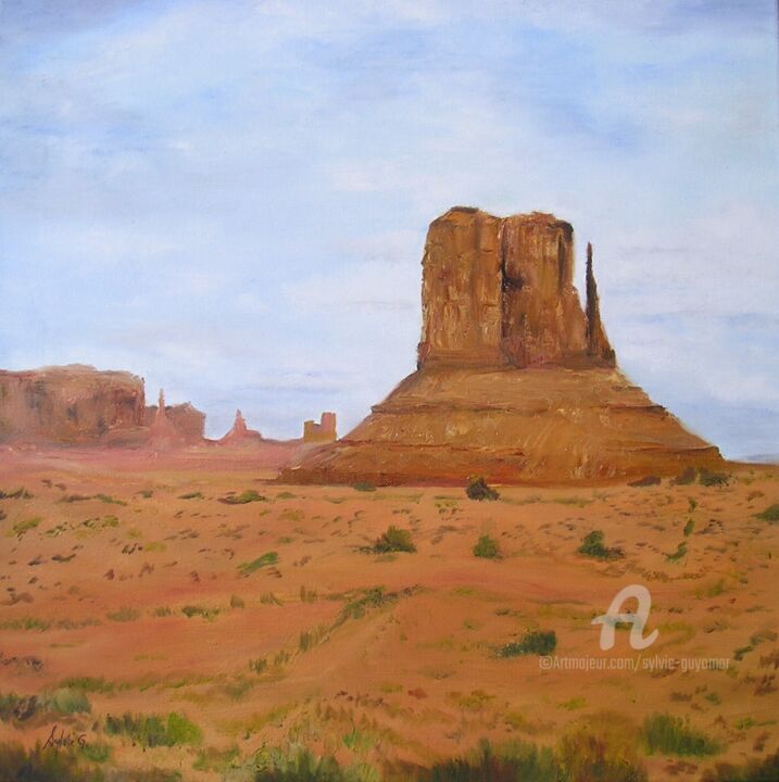 Painting titled "monument-valley" by Sylvie Guyomar (Sylvie G), Original Artwork, Oil Mounted on Wood Stretcher frame
