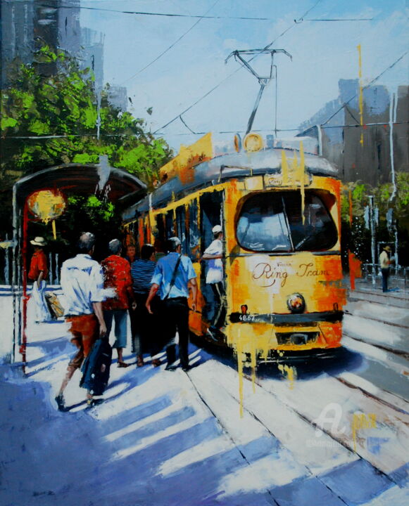 Peinture intitulée "Vienna Ring Tram" par Sylvie Julkowski-Egard, Œuvre d'art originale, Huile Monté sur Châssis en bois
