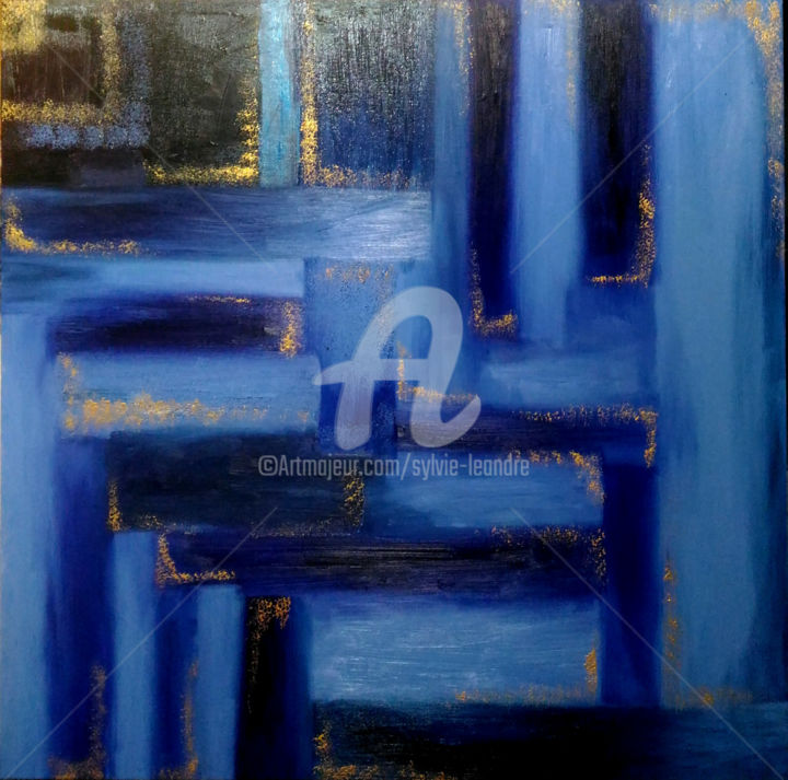 Ζωγραφική με τίτλο "Quadrillage bleu" από Sylvie Léandre, Αυθεντικά έργα τέχνης, Λάδι
