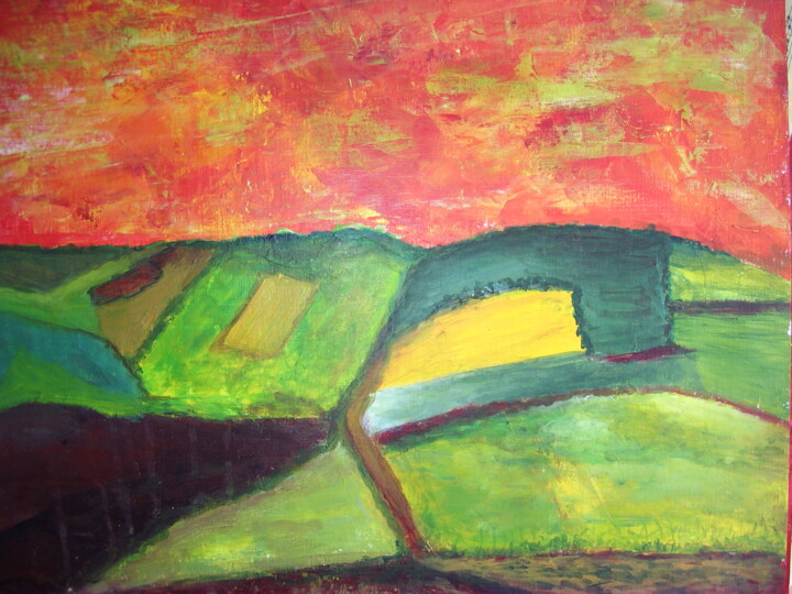 Peinture intitulée "Paysage ciel rouge" par Sylvie Lucas, Œuvre d'art originale, Acrylique