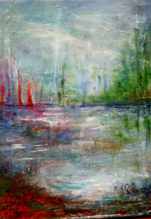 Pintura intitulada "paysage aquatique" por Sylvie Ollivier, Obras de arte originais, Óleo
