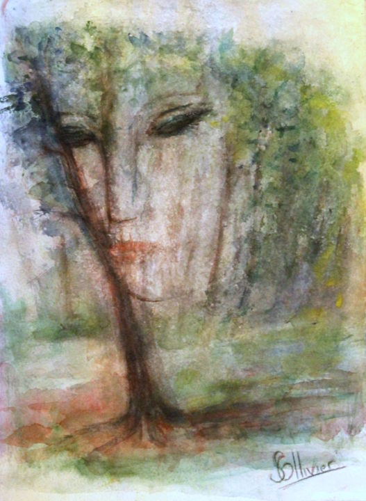 Painting titled "forêt enchantée" by Sylvie Ollivier, Original Artwork, Watercolor