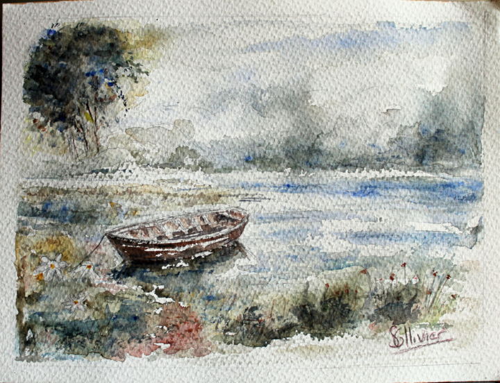 Peinture intitulée "barque au bord de l…" par Sylvie Ollivier, Œuvre d'art originale, Aquarelle