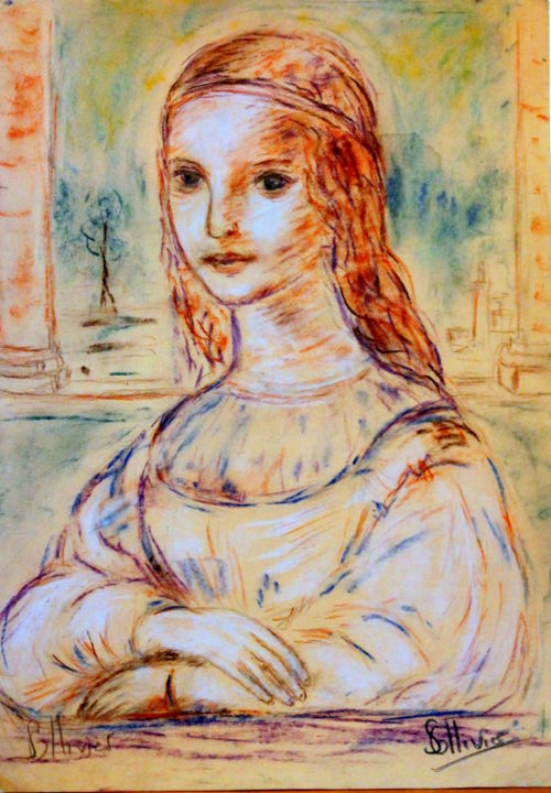 Zeichnungen mit dem Titel "étude de Mona Lisa" von Sylvie Ollivier, Original-Kunstwerk, Pastell