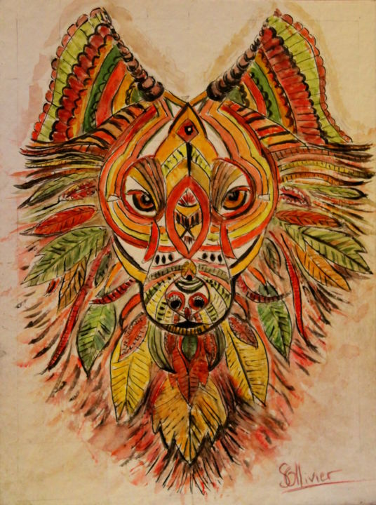 Drawing titled "loup indien" by Sylvie Ollivier, Original Artwork, Ink