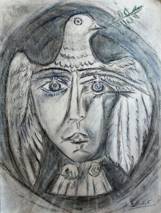 Drawing titled "la colombe de Picas…" by Sylvie Ollivier, Original Artwork, Chalk