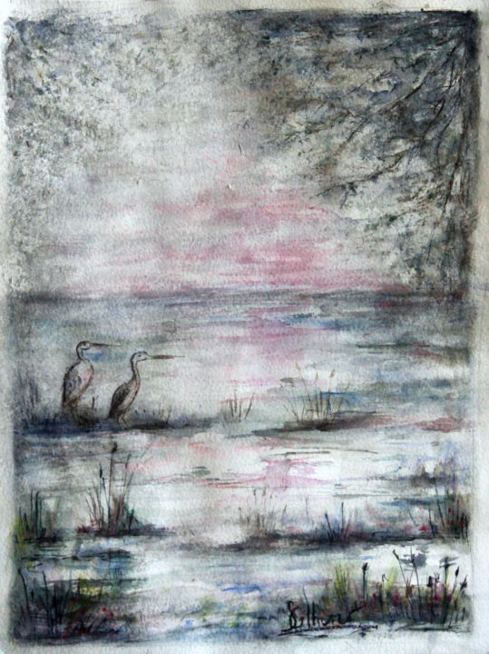 Peinture intitulée "marécage aux oiseaux" par Sylvie Ollivier, Œuvre d'art originale, Aquarelle