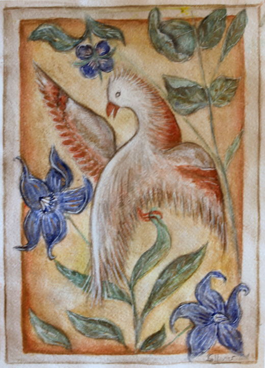 Painting titled "Oiseau biblique" by Sylvie Ollivier, Original Artwork, Watercolor