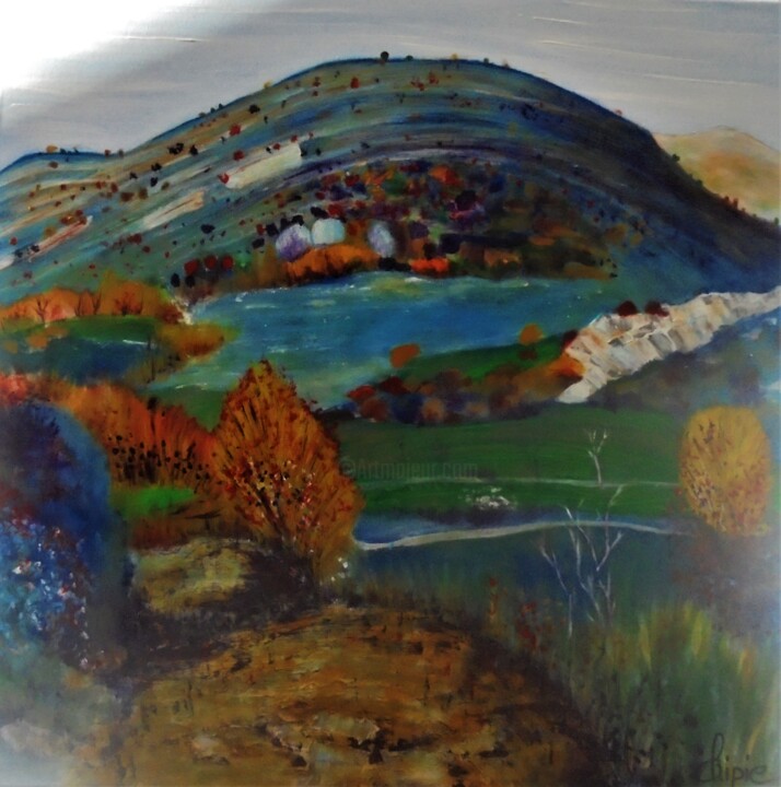 「paysage naïf 1」というタイトルの絵画 Sylvie Pinonによって, オリジナルのアートワーク, アクリル ウッドストレッチャーフレームにマウント